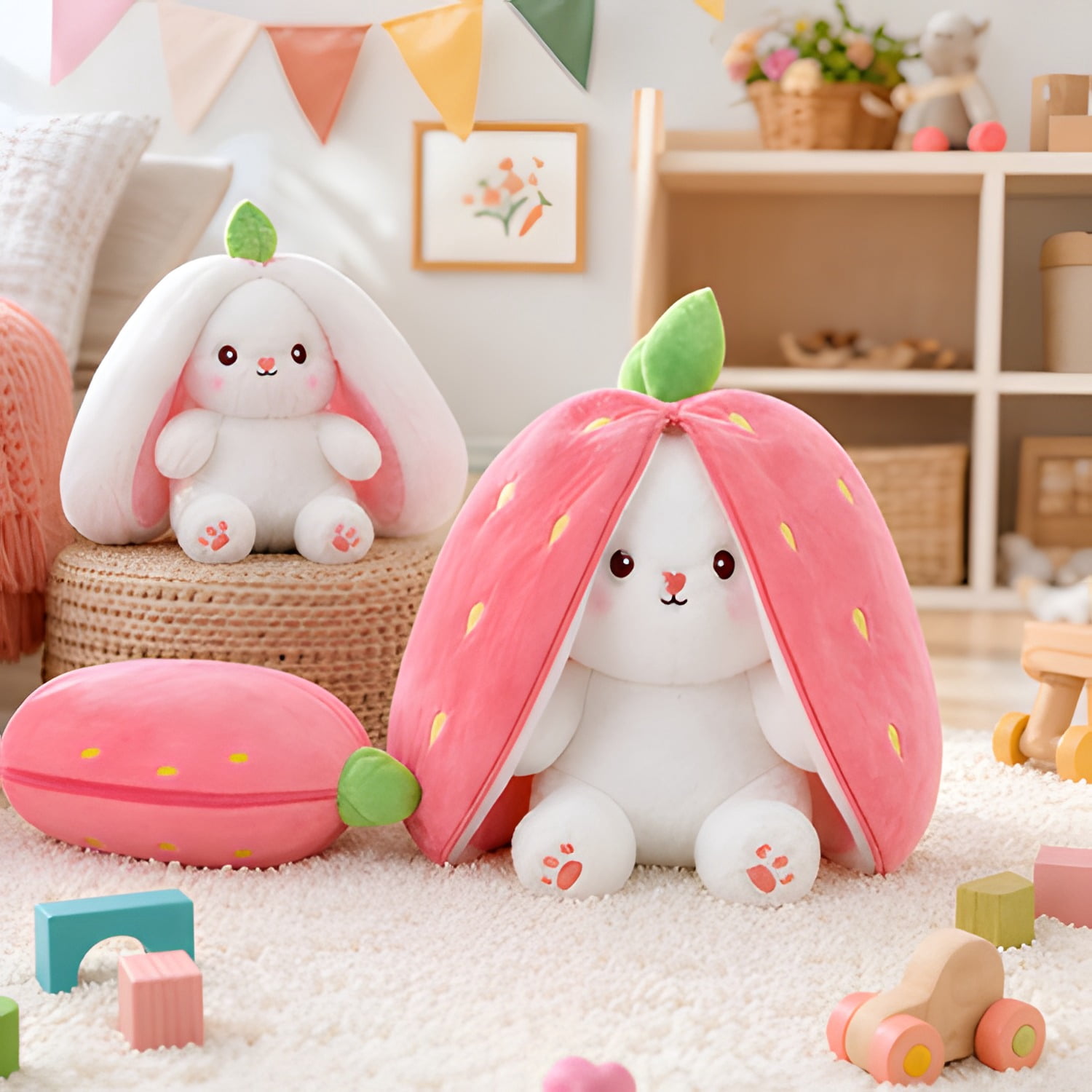 Kawaii Squishy Cute Easter Bunny Plush Turn Into Rabbit Fruit Doll Carrot Strawberry Pillow, Plushies Funny Bunny Toy for Baby