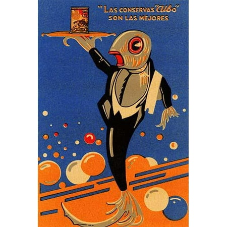 A postcard advertising canned salmon in the Spanish marketplace  The fish waiter holds a serving tray with the can and states in Spanish The Albo conserves are the best ones Poster Print by (Best Canned Salmon Australia)