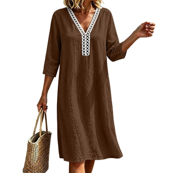 Puyaiuu Womens Loose Casual Lace V Neck 3/4 Sleeve Midi Dress With Side Pockets Brown S Gift