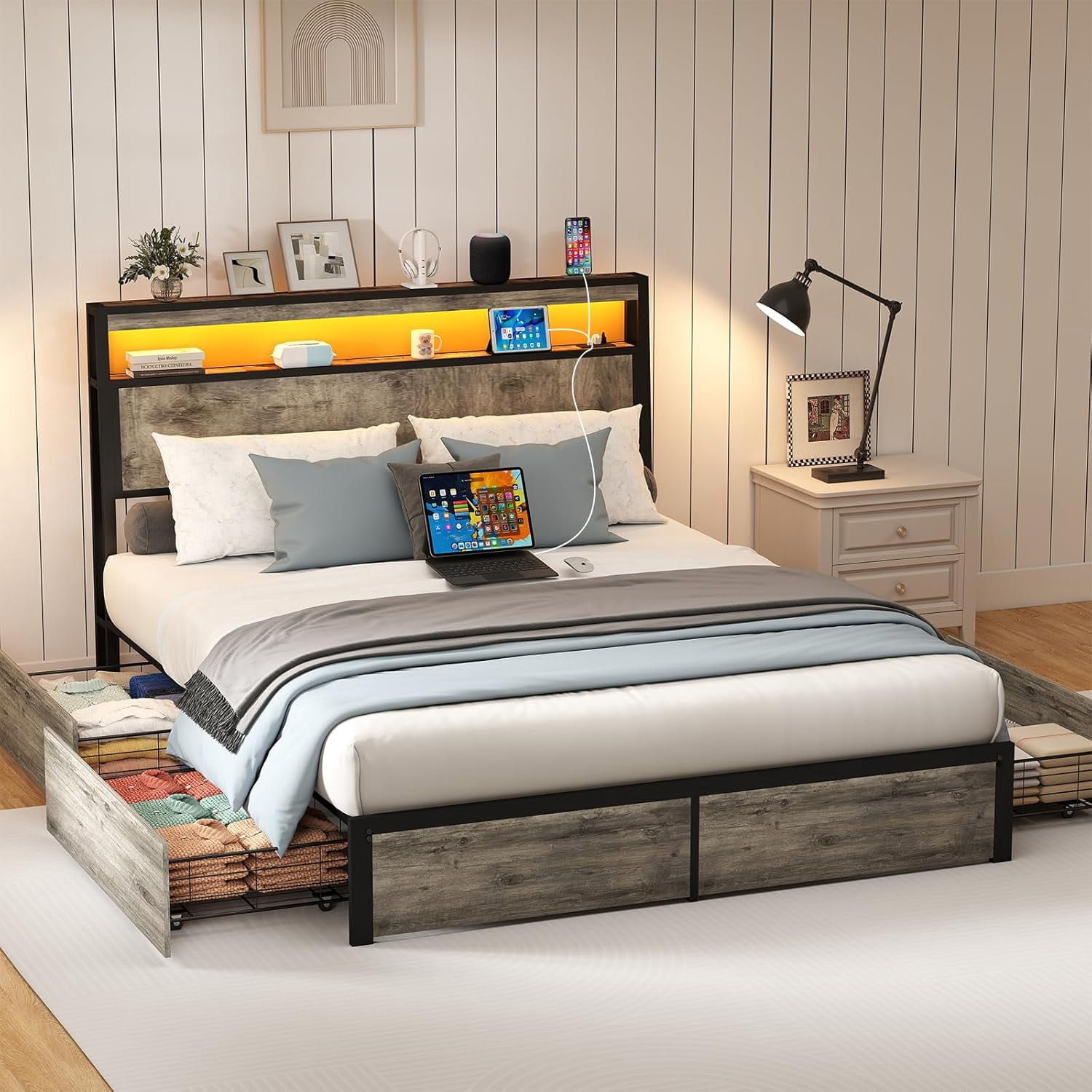 DRNANLIT King Size LED Bed Frame with Storage Headboard and 4 Drawers Charging Station,Gray