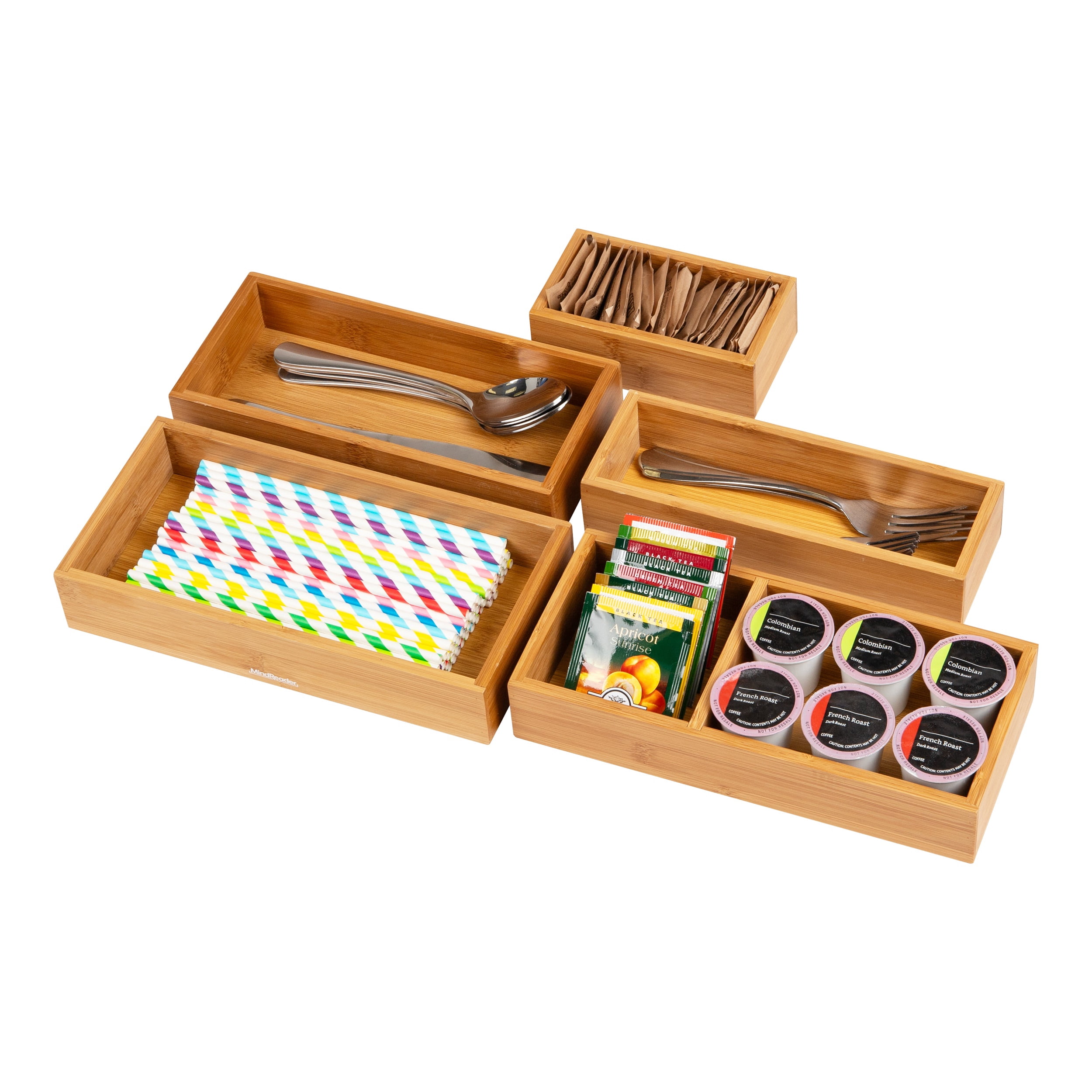 Mind Reader 5-Piece Bamboo Drawer Organizer Set, Stackable Storage Trays for Kitchen, Bathroom, Office, Rayon from Bamboo, Brown