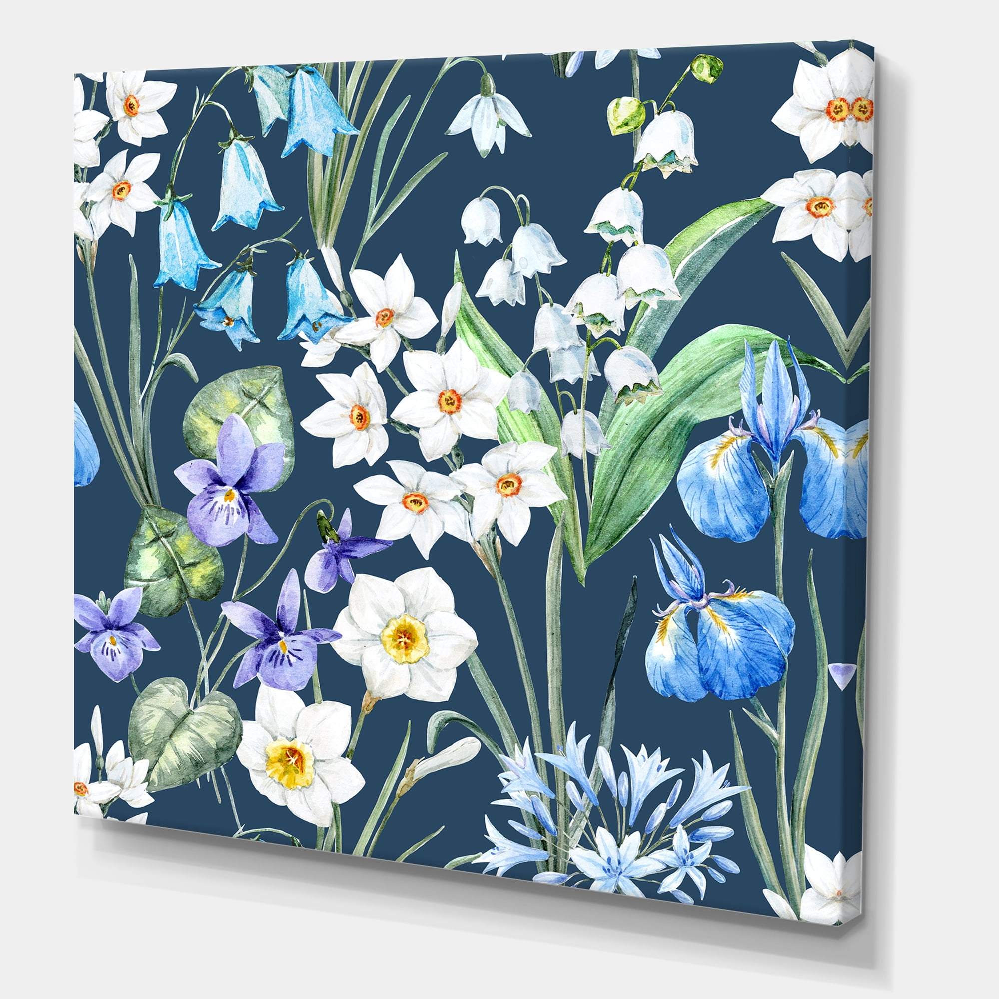 Designart ' Blue and White Spring Flowers On Dark Blue ' Traditional Canvas Wall Art Print