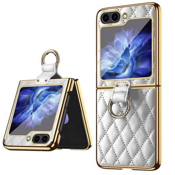 Haobuy Compatible with Samsung Galaxy Z Flip 5 Leather Case with Ring Kickstand Plating Z Flip 5 Case with Screen Protector-White
