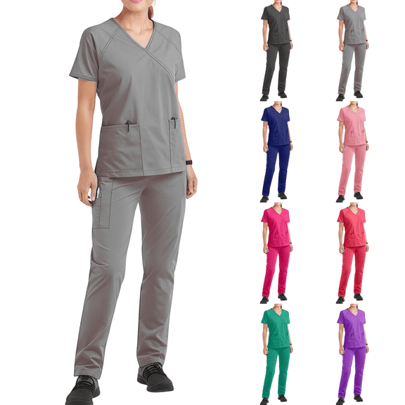 Scrubs for Women Medical Scrub Sets V-Neck Short Sleeve Nursing Tops & Cargo Pants Straight Leg Uniforms Set with Pockets Grey S
