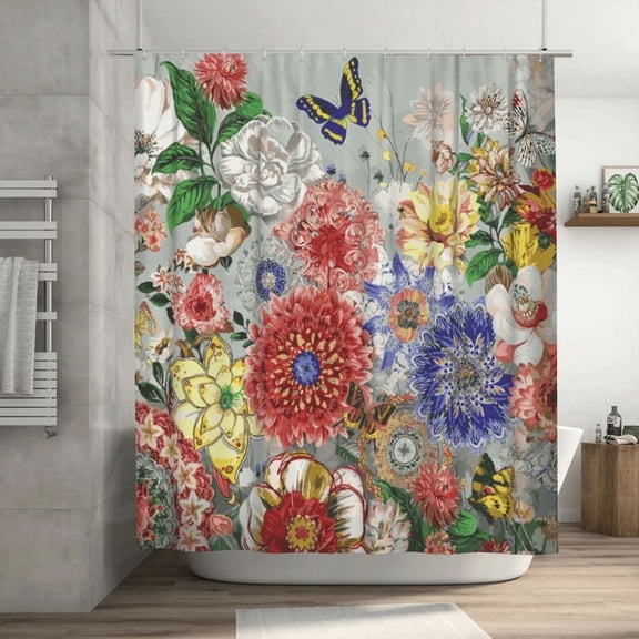 Bohemian floral shower curtain bathroom waterproof floral home decoration with 12 plastic hooks,70.8" x 70.8"