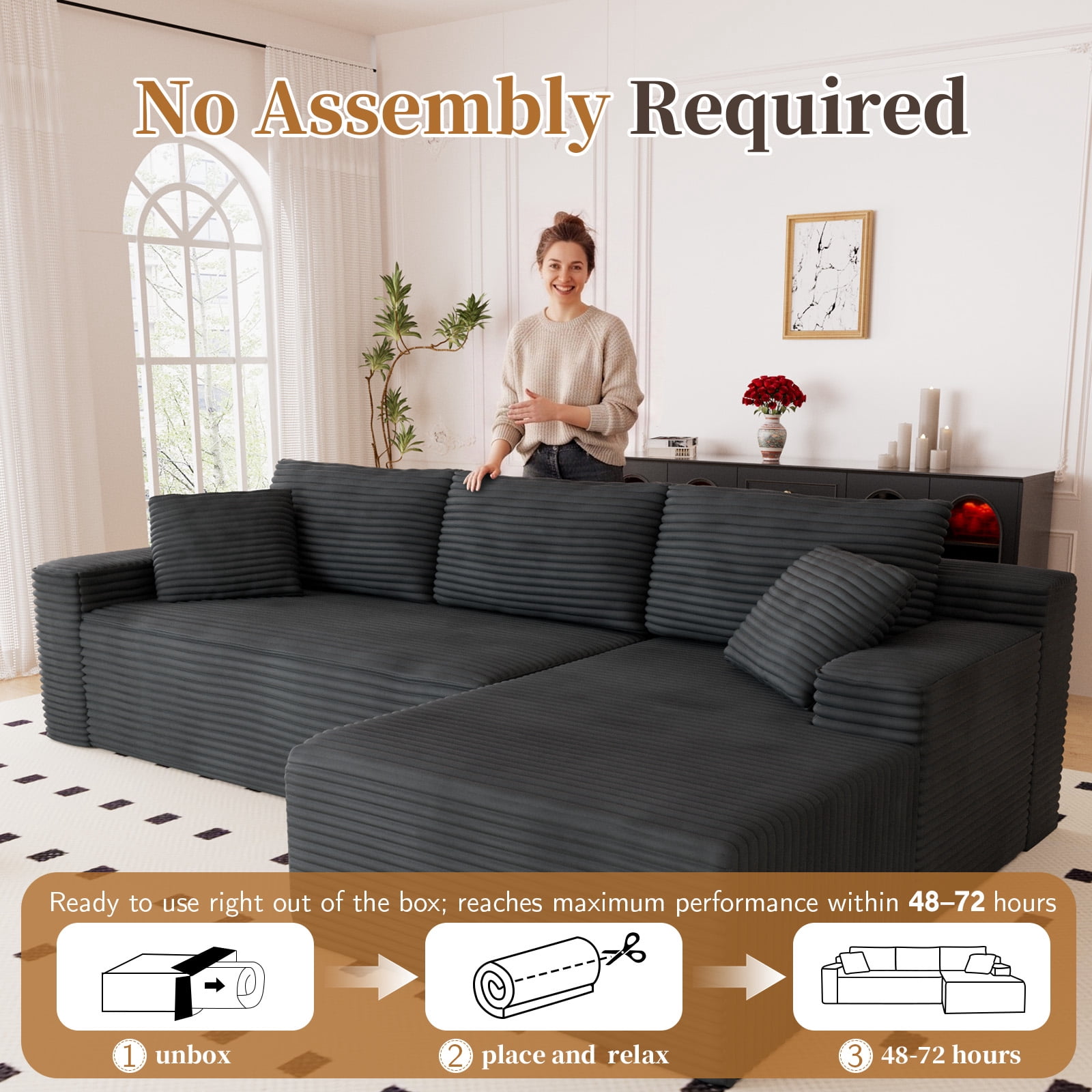 Lunale 105" Modular L-Shaped Sectional Sofa, Boneless Cloud Couch, No Assembly Required, Modern Deep Seat Corduroy Sofa for Living Room, Dark Gray (Right Facing Chaise)