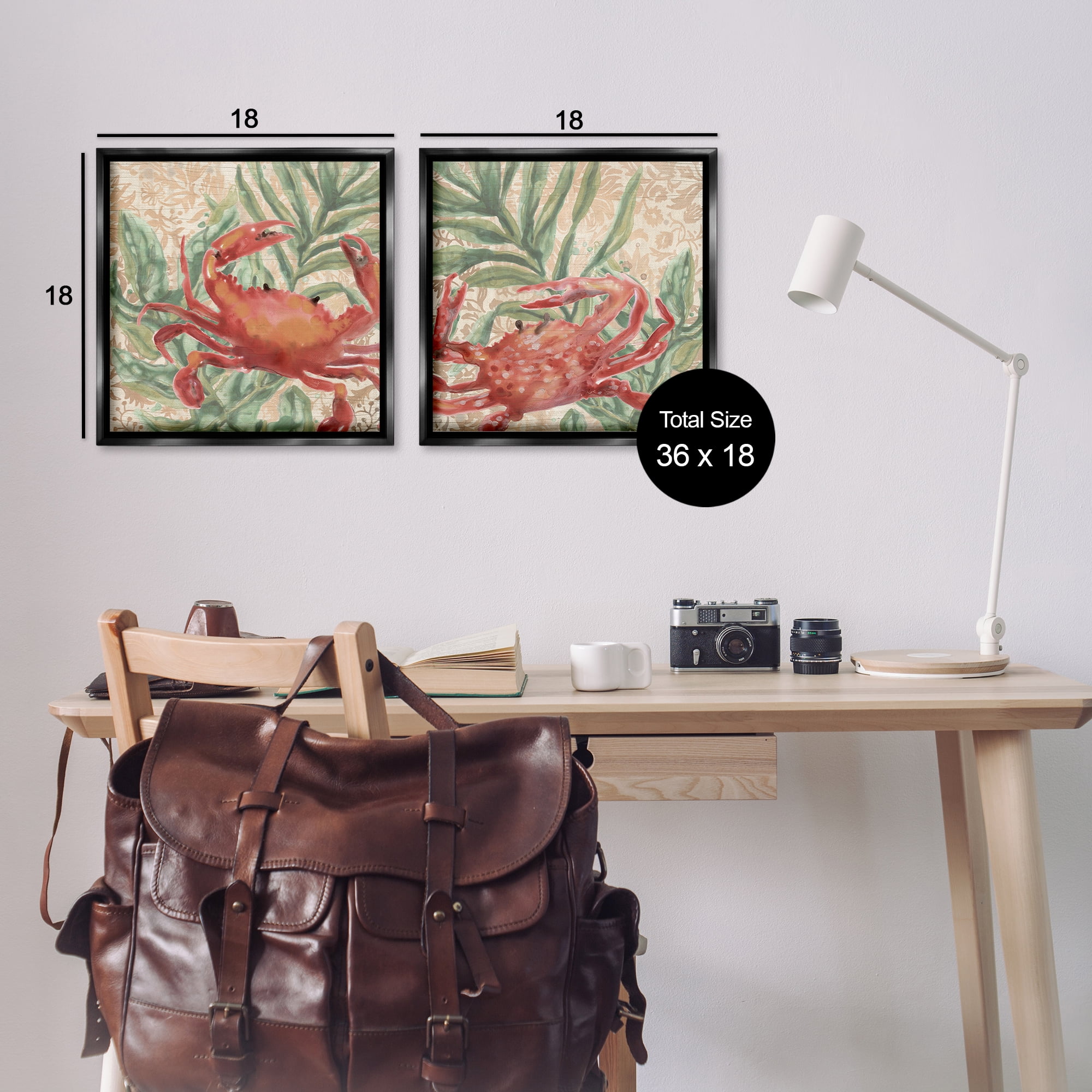 Stupell Industries Red Crab & Seaweed Animals Painting Black Floater Framed Canvas Art Print Wall Art, 18 x 18, Set of 2