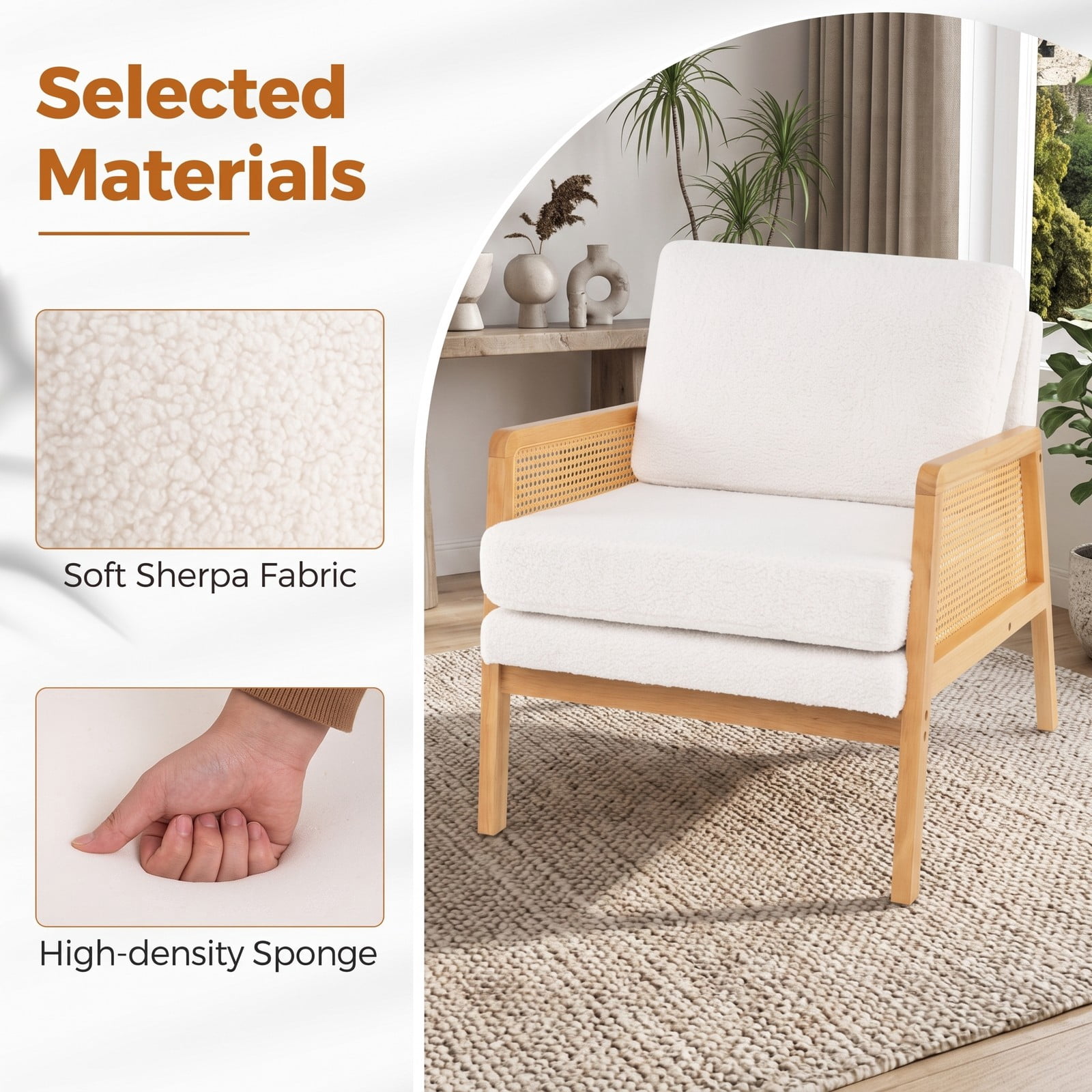 Furnibear Mid Century Modern Accent Chair with PE Rattan Arms, Sherpa Fabric Upholstered Armchair with Removable Cushion and Backrest Pillow for, Natural Brown & Beige