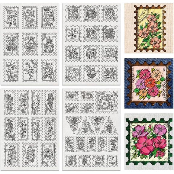 4Sheets 50Pcs Botanical Stamps Water Soluble Embroidery 11.7x8.3inch Flowers Leaves Stick and Stitch Embroidery Paper Stabilizer