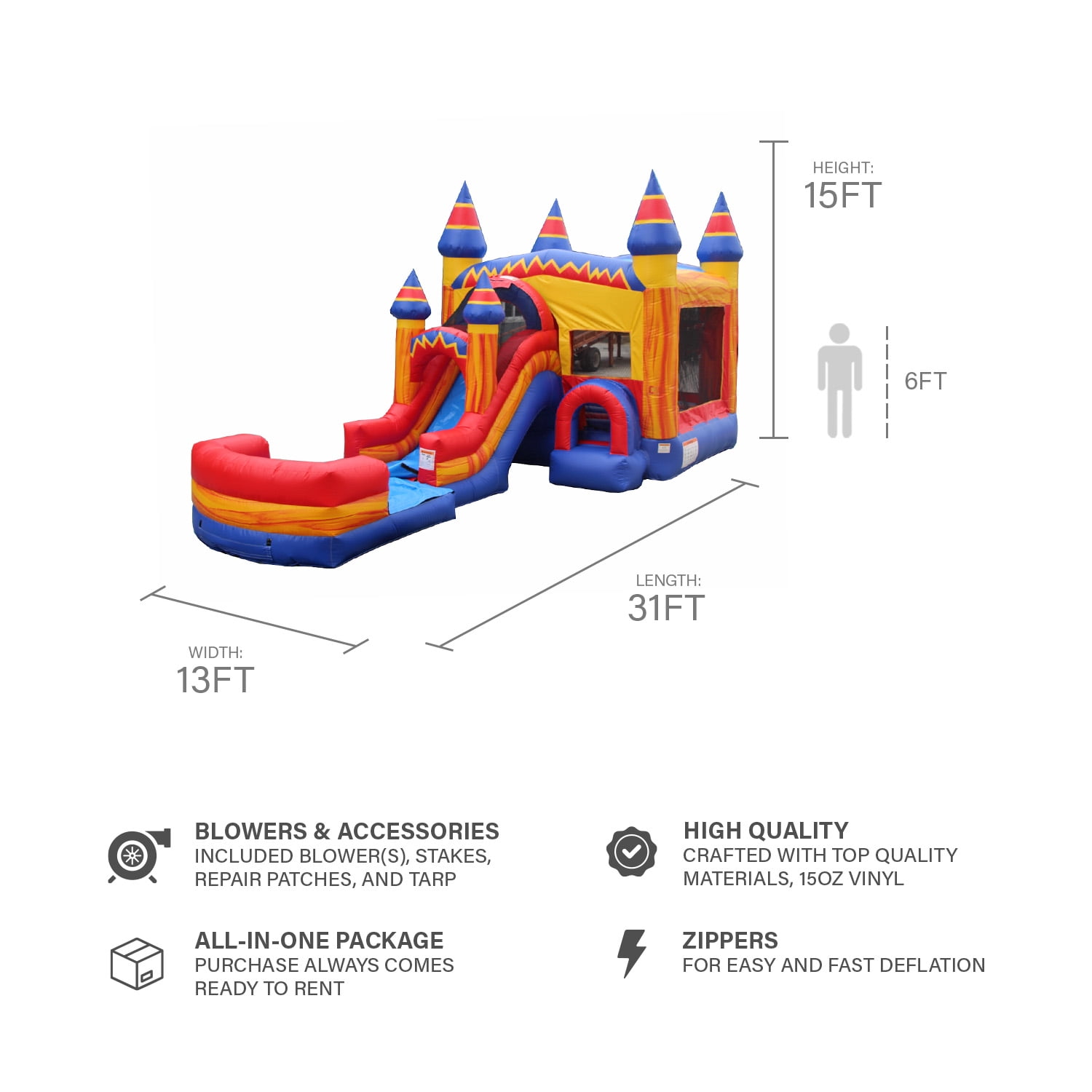 JumpOrange Superhero 31' Commercial Bounce House Water Slide Combo with Pool (Blower Included)