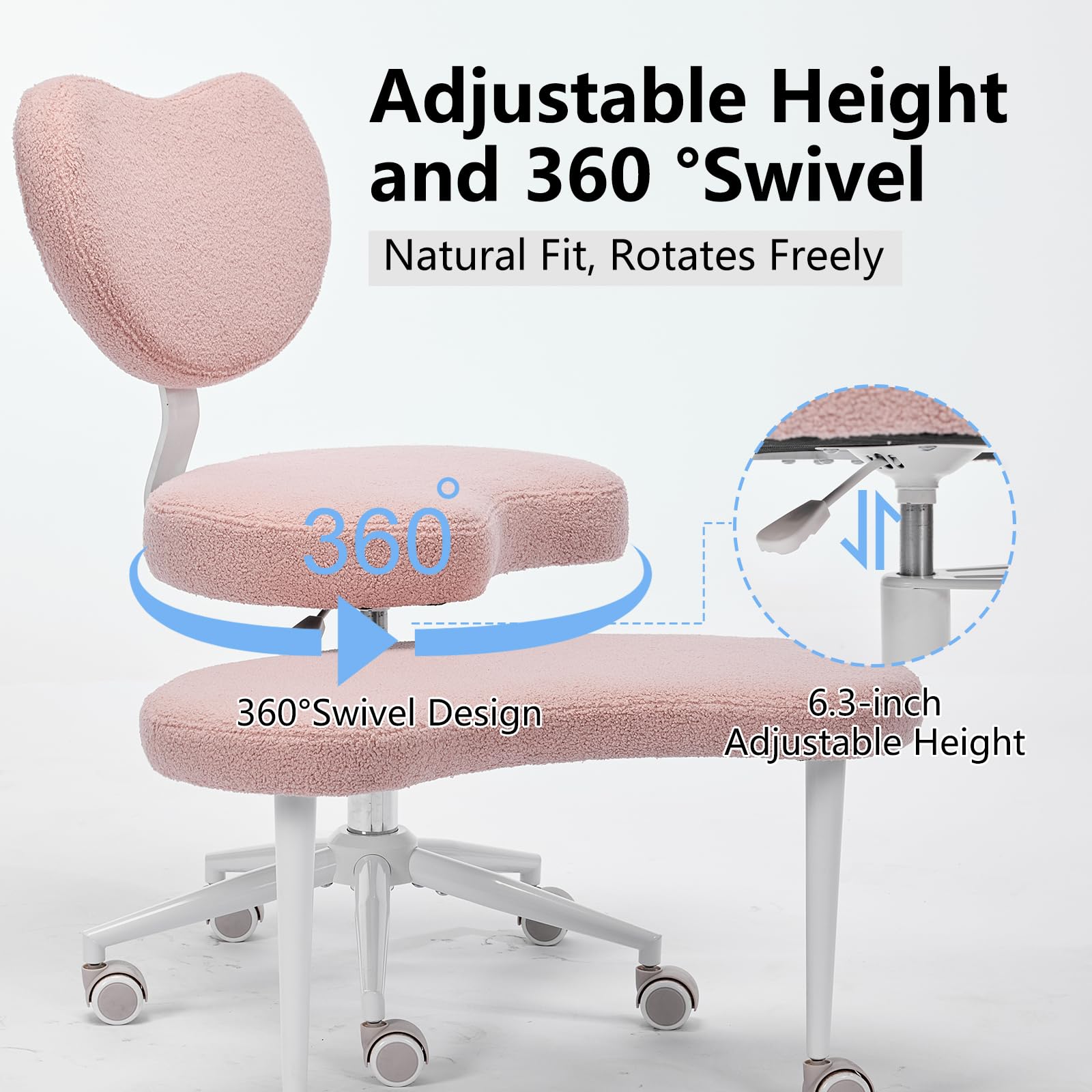 Pawverly Cross-Legged Meditation Chair with Wheels, Adjustable Height Yoga Office Chair with Lumbar Support, Ergonomic Criss Cross Desk Chair for Adults, Pink Teddy