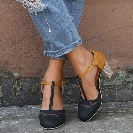 

Women s Fashion Rome Round Toe Buckle Strap Sandals Thick Heel High Heels Shoes