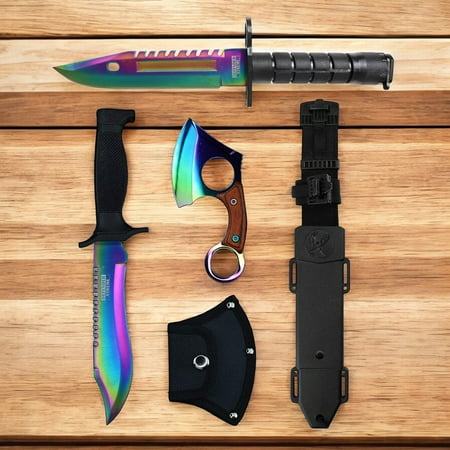 Tactical Hunting Survival Set Camping Axe Full Tang Bowie Fixed Blade Knife Outdoor Rainbow