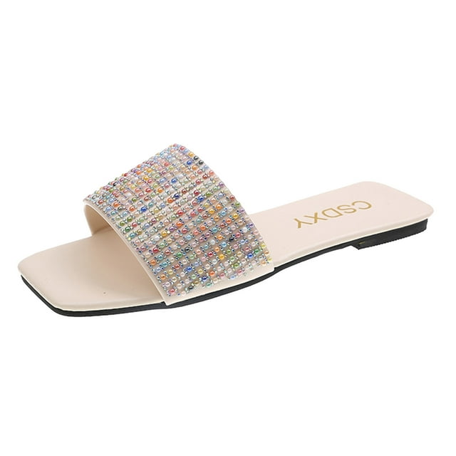 asddcavvf Women Rhinestone Flat Slippers Beach Sandals Flip Flops Sandals Fashion Slippers Flat Open