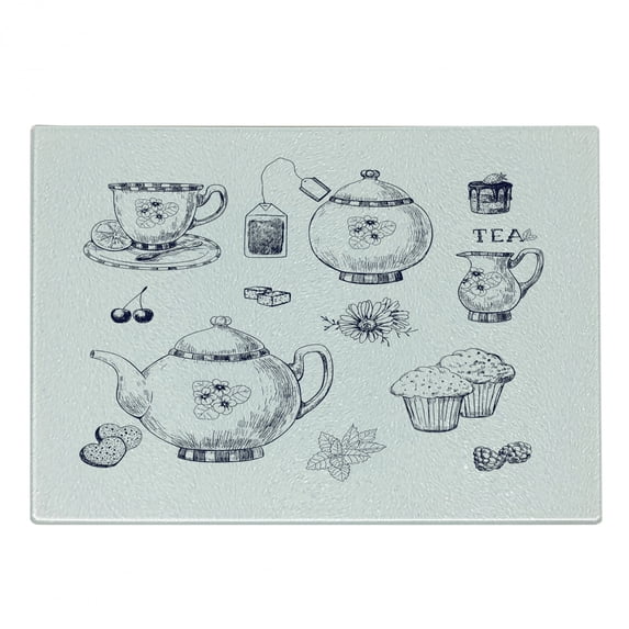 Blue and White Cutting Board, Hand Drawn Teapots and Cups Muffins and Bags Vintage English Tradition, Decorative Tempered Glass Cutting and Serving Board, Small Size, Navy Blue White, by Ambesonne