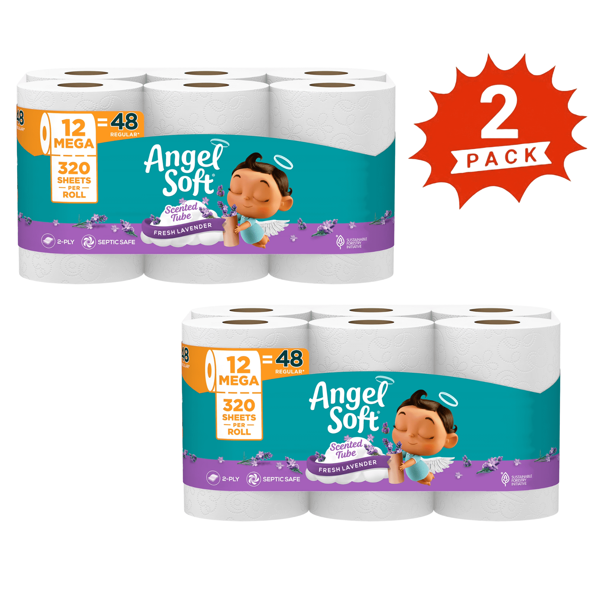 Angel Soft Toilet Paper, 24 Mega Rolls, 2-Ply Bath Tissue with Fresh Lavender Scented Tube, 640 Sheets per Roll (2-Pack)