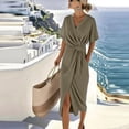 thumbnail image 5 of Maxi Wrap Dress for Women Elegant V Neck Short Sleeve Front Knot Ruched Waist Side Split Slit Bodycon Sheath Dresses Business Office Cocktail Sundress, 5 of 5