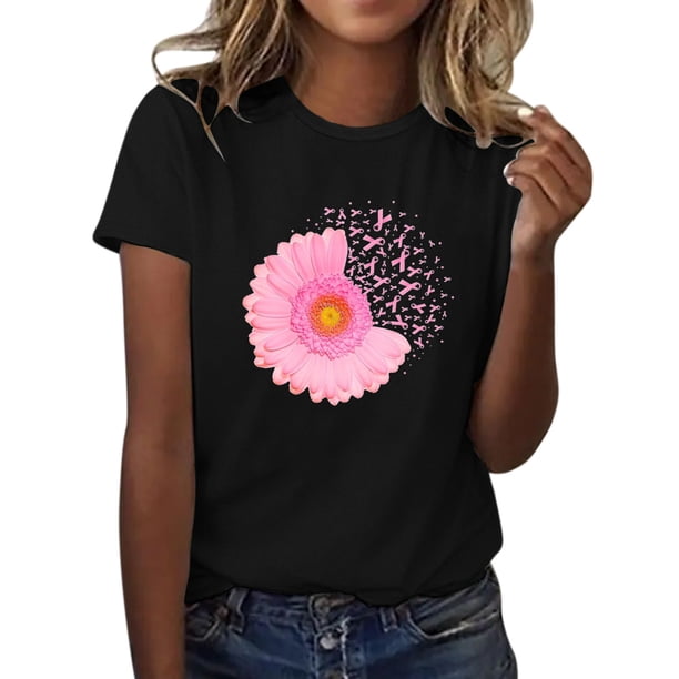 Gibobby Playera de Manga Corta con Cuello Redondo Camiseta manga corta con estampado girasol y cinta informal para el día del cáncer mama para mujer(Negro,XL)