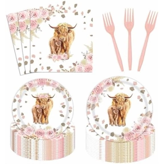 96 Pcs Boho Highland Cow Party Supplies – Girl Holy Cow Themed, Serves 24, 221 – Home Decor, Kitchen, & Other