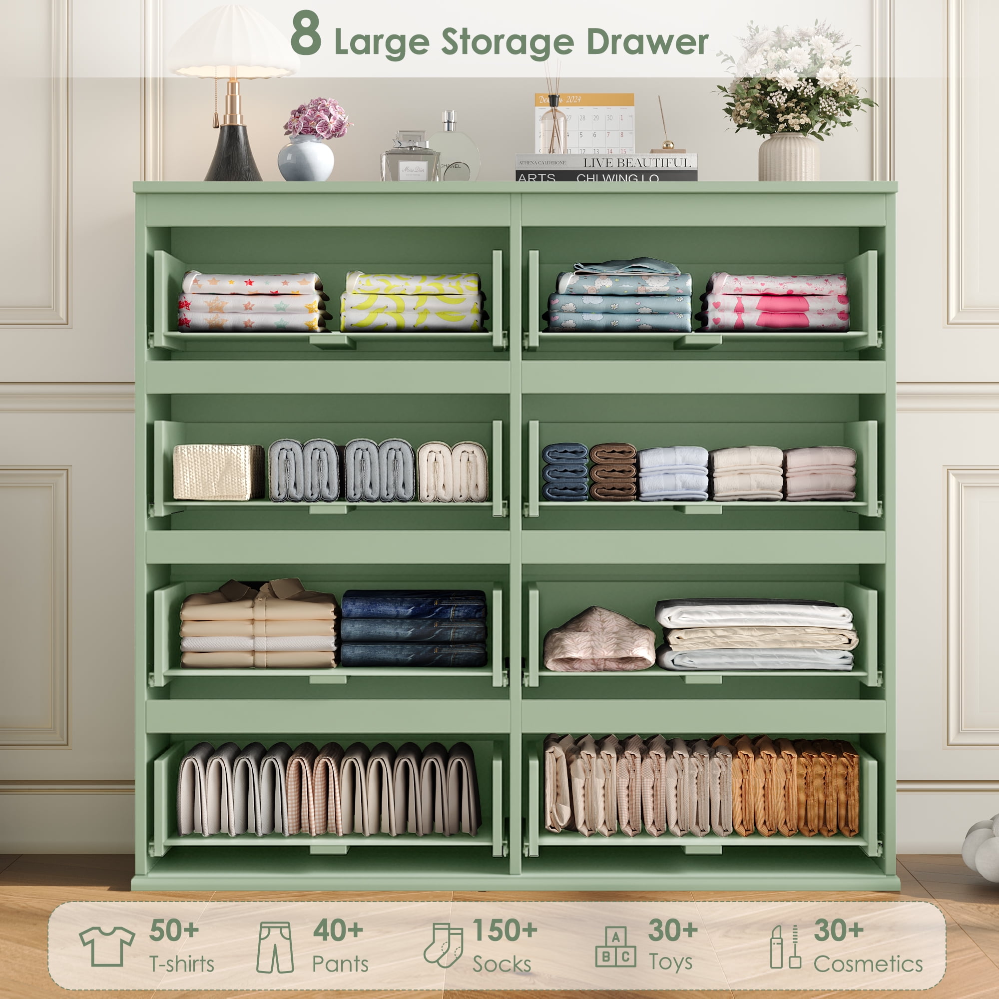 Homfa 8 Drawer Dresser for Bedroom, Horizontal Dresser Chest with Easy Pull Bevel Handle, Storage Cabinet for Living Room, Green