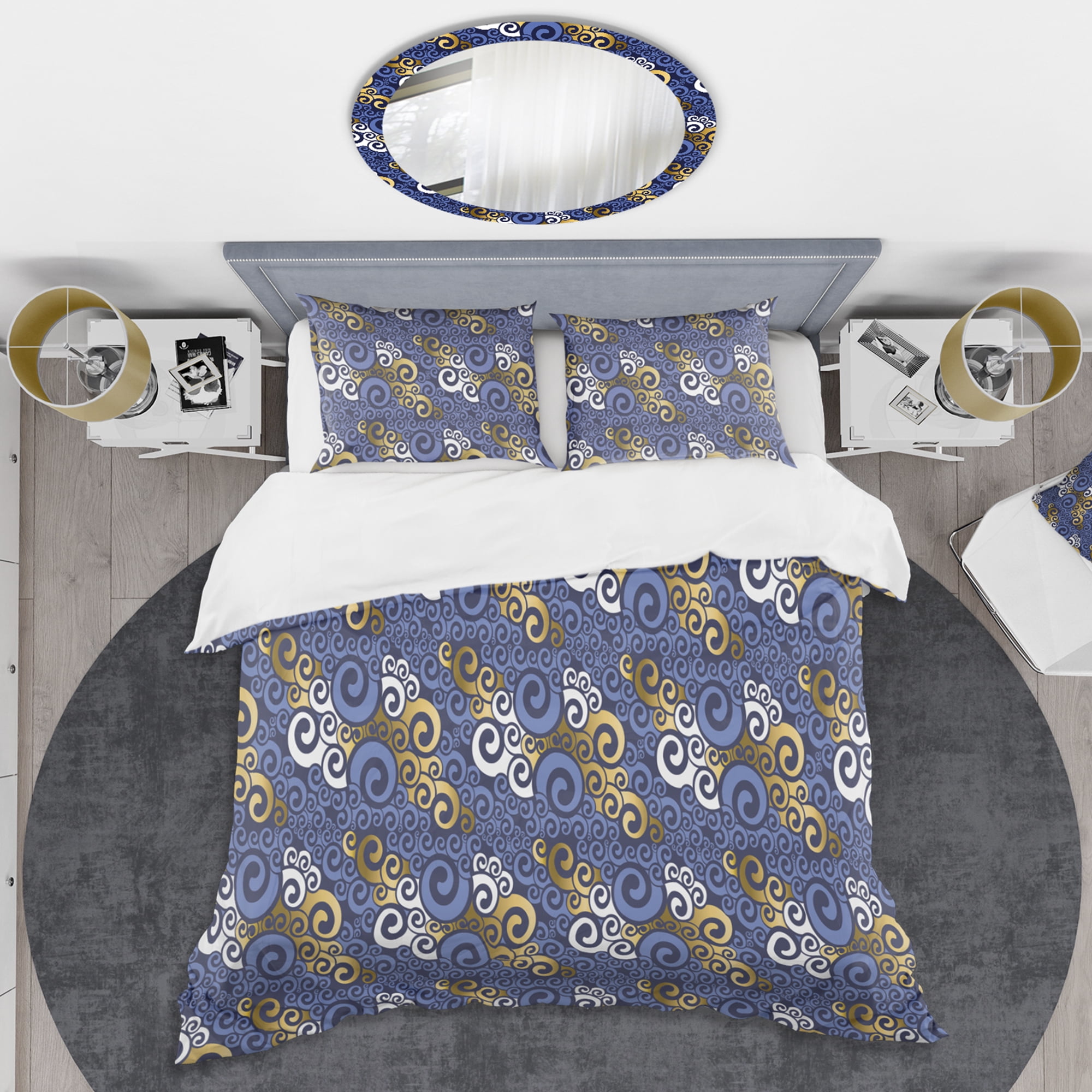 Designart 'Retro Luxury Waves In Gold And Blue III' Mid-Century Modern Duvet Cover Set