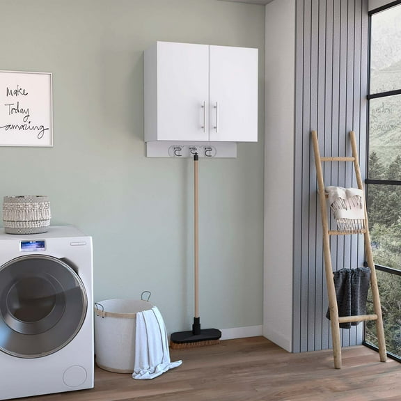 Depot E-Shop DE-MLB8976 12 x 4 in. Albany Wall Mounted Cabinet with Broom Hangers & Metal Handles, White