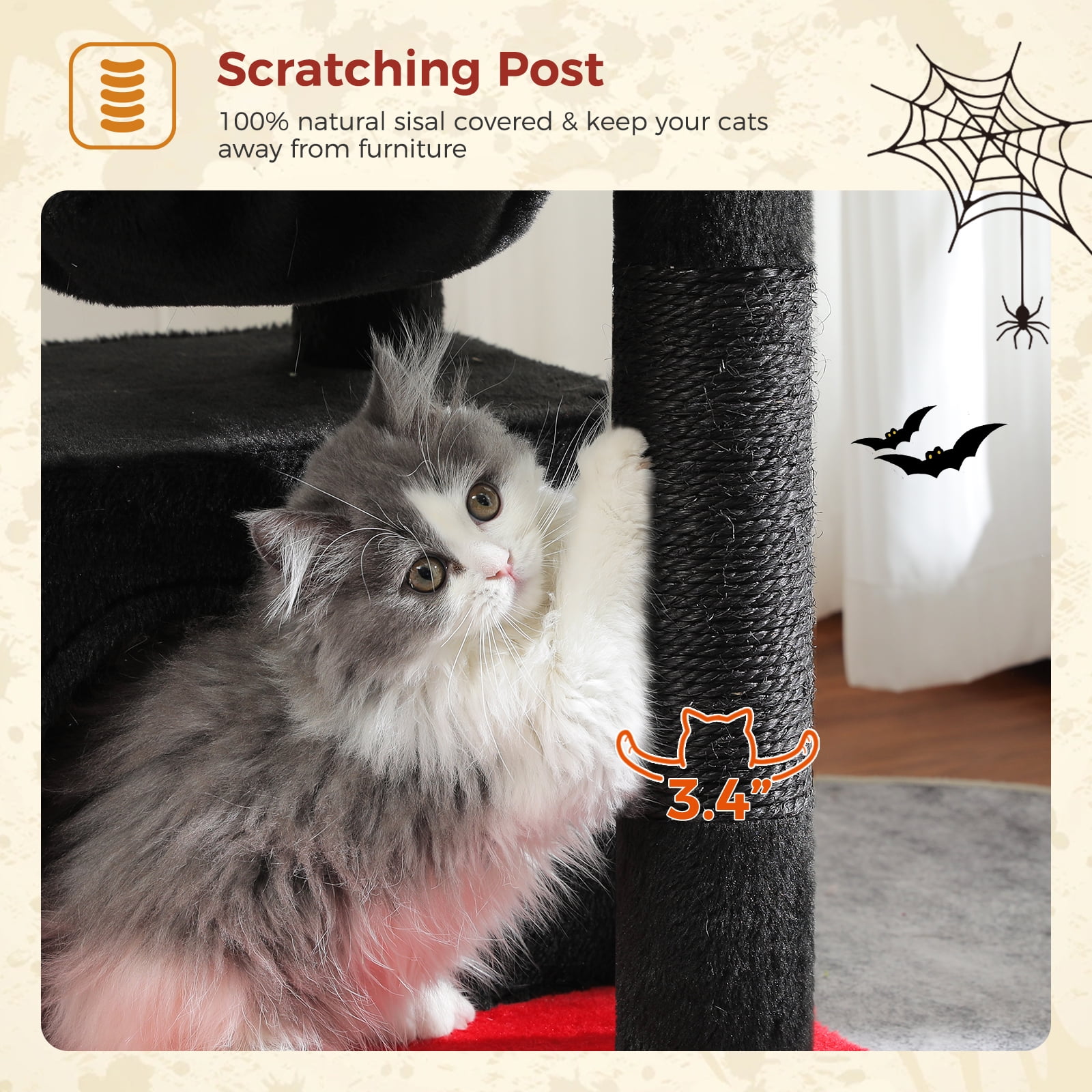 PAWZ Road Cat Tree 33" Gothic Cat Scratching Posts Tower with Large Top Perch and Hammock for Medium Indoor Cats, Black