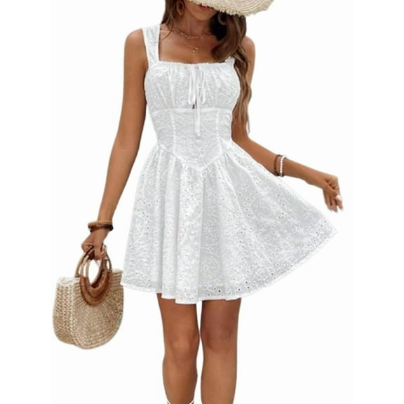 Backless Lace Up Short Dress 2025 Casual Summer Sleeveless Cute Birthday Party Gown Low Cut Dress White M