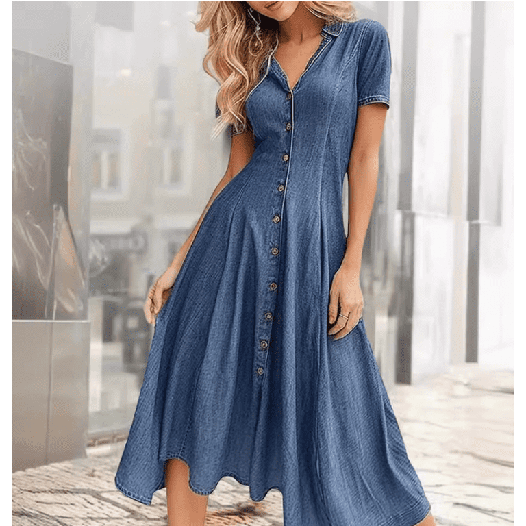 denim short sleeve tunic dress Women's Denim Shirt Dress Short Sleeve Ripped Denim Dress Button-Up Casual Tunic Top Blue at Amazon Women's Clothing store