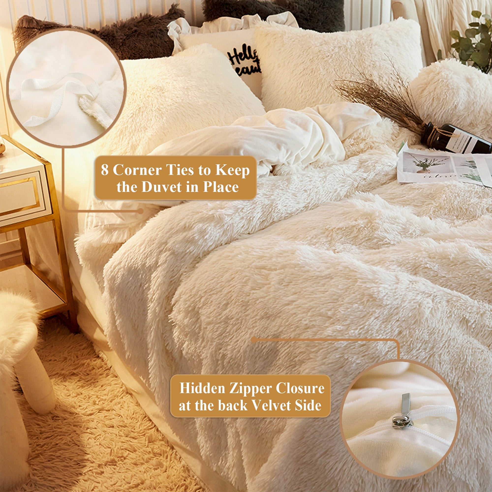 XeGe 3 Piece Fluffy Faux Fur Duvet Cover Set King, Luxury Ultra Soft Velvet Shaggy Plush Bedding Set, Ivory Fuzzy Comforter Cover with 2 Furry Pillow Cases, Zipper Closure, King Size, Beige