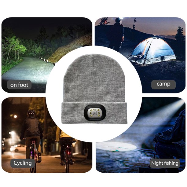 Sombrero Tejido 6LED USB gorro de punto ligero transpirable 110LM 300mAh tapas de faros (gris claro) Wdftyju Para estrenar