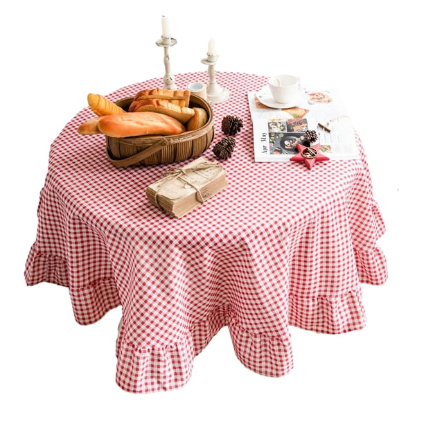 Mantel estilo rústico con estampado a cuadros y bordes con volantes, redondo, de tela de lino y algodón suave.