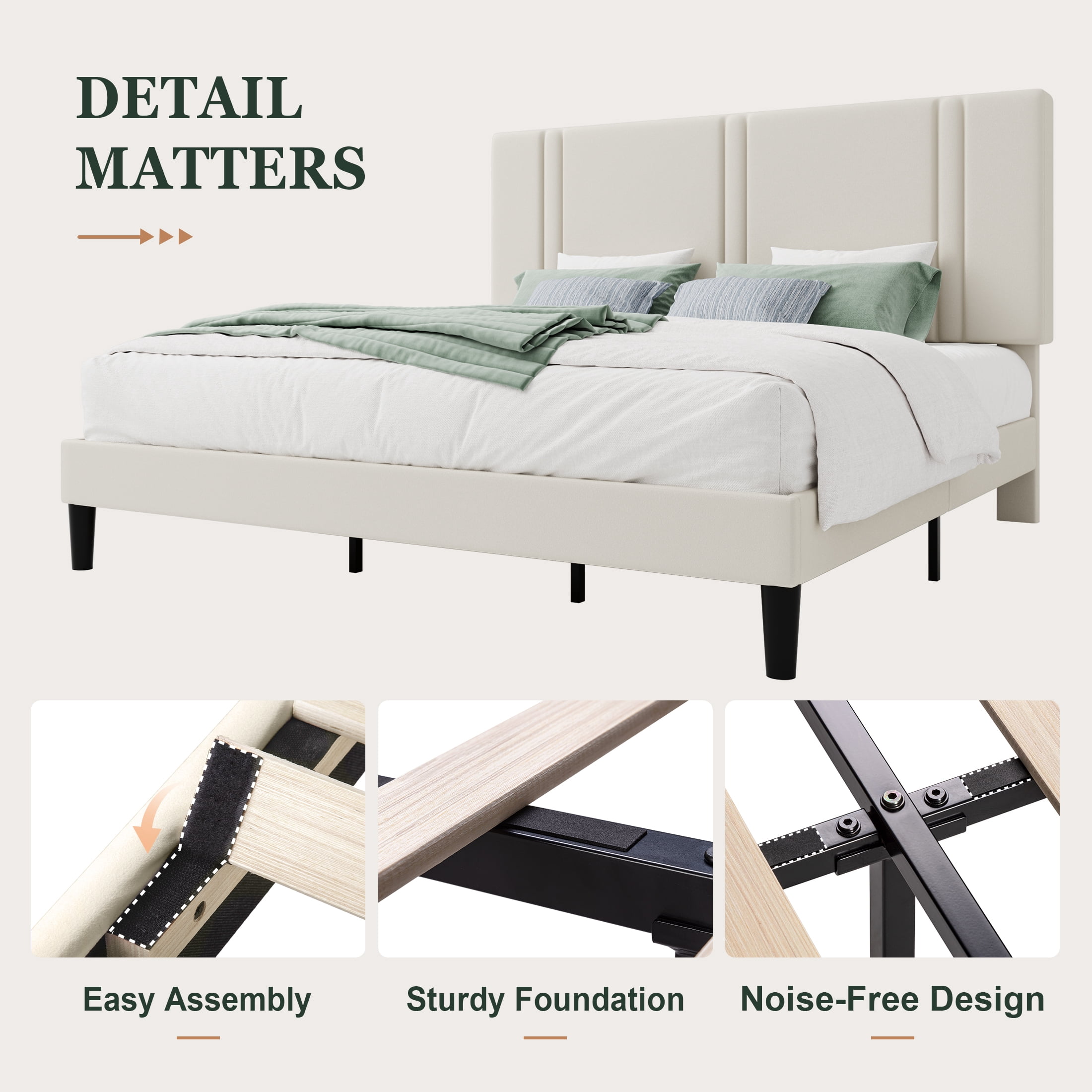 Amolife King Bed Frame, Platform Bed with Upholstered Velvet Adjustable Headboard, Wooden Slats, Easy Assembly, Cream