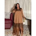 thumbnail image 4 of Brown Plus Size Women Casual Vacation A-Line Dress With Button Front, Lace Hem & Mesh Splice, 4 of 5