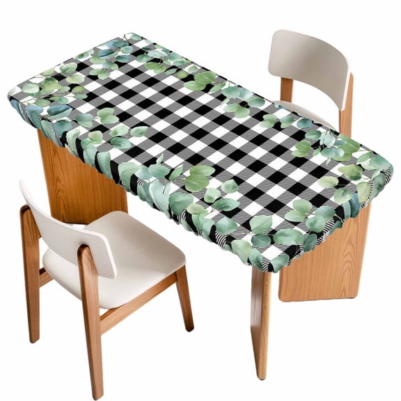 Sage Green Eucalyptus Table Cloths for 6 Foot Rectangle Tables, Spring Leaves Black White Plaid Patio Waterproof Elastic Fitted Tablecloths, Washable Rectangular Table Cover for Camping