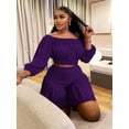 thumbnail image 3 of AURA Women Plus Size Two Piece Set Casual Long Sleeve Top Shorts Lounge Outfit, 3 of 6
