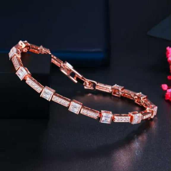 Stackable Cubic Zirconia 585 Rose Gold Plated Square Tennis Chain Link Bracelet