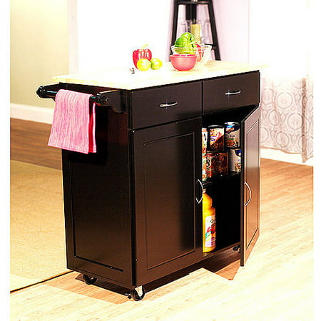 Large Kitchen Cart with Wood Top, Towel Holder, Two Door Storage Cabinet