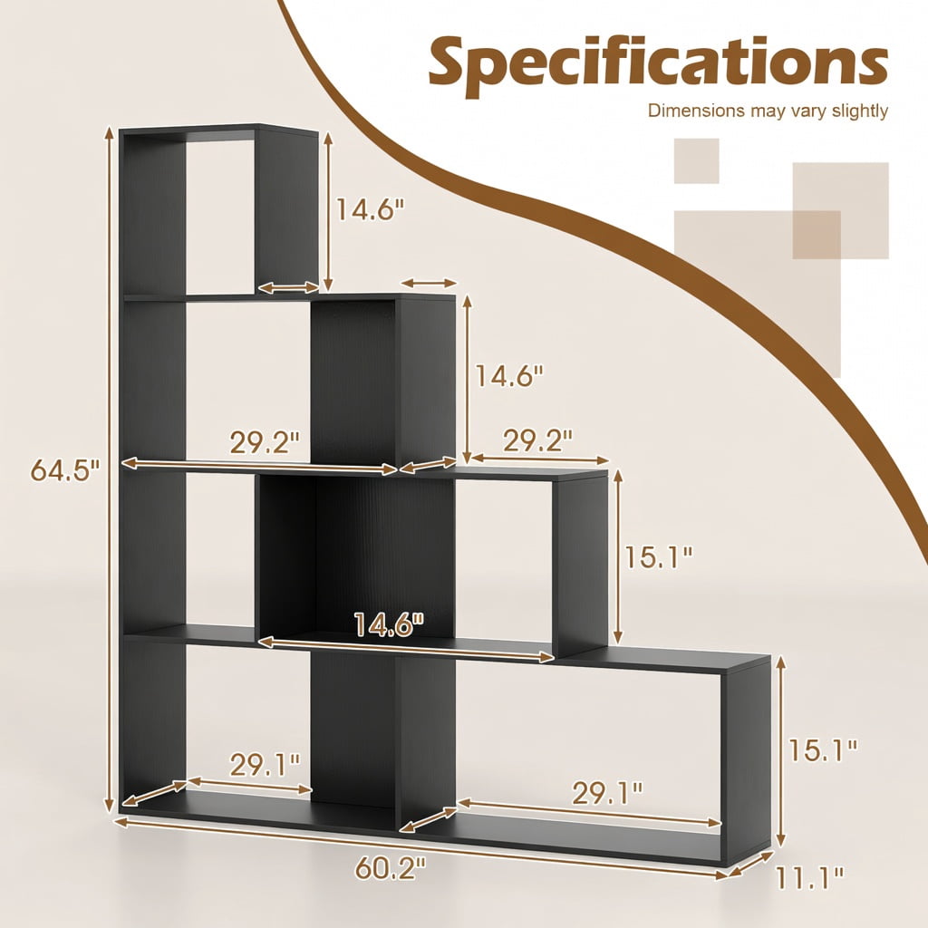 Barara King 4-Tier Modern Stepped Bookshelf with 6 Storage Cubes, Bookcase Display Standing Shelf for Living Room, Bedroom, Office Room, Study Room, Black