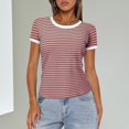 thumbnail image 2 of TSADFHJI V Neck Tops for Women Plus Size Women Summer Short Sleeve Shirts Crewneck Striped Color Block T Shirts Slim Fit Ribbed Knit Basic Tee Tops L Red, 2 of 5