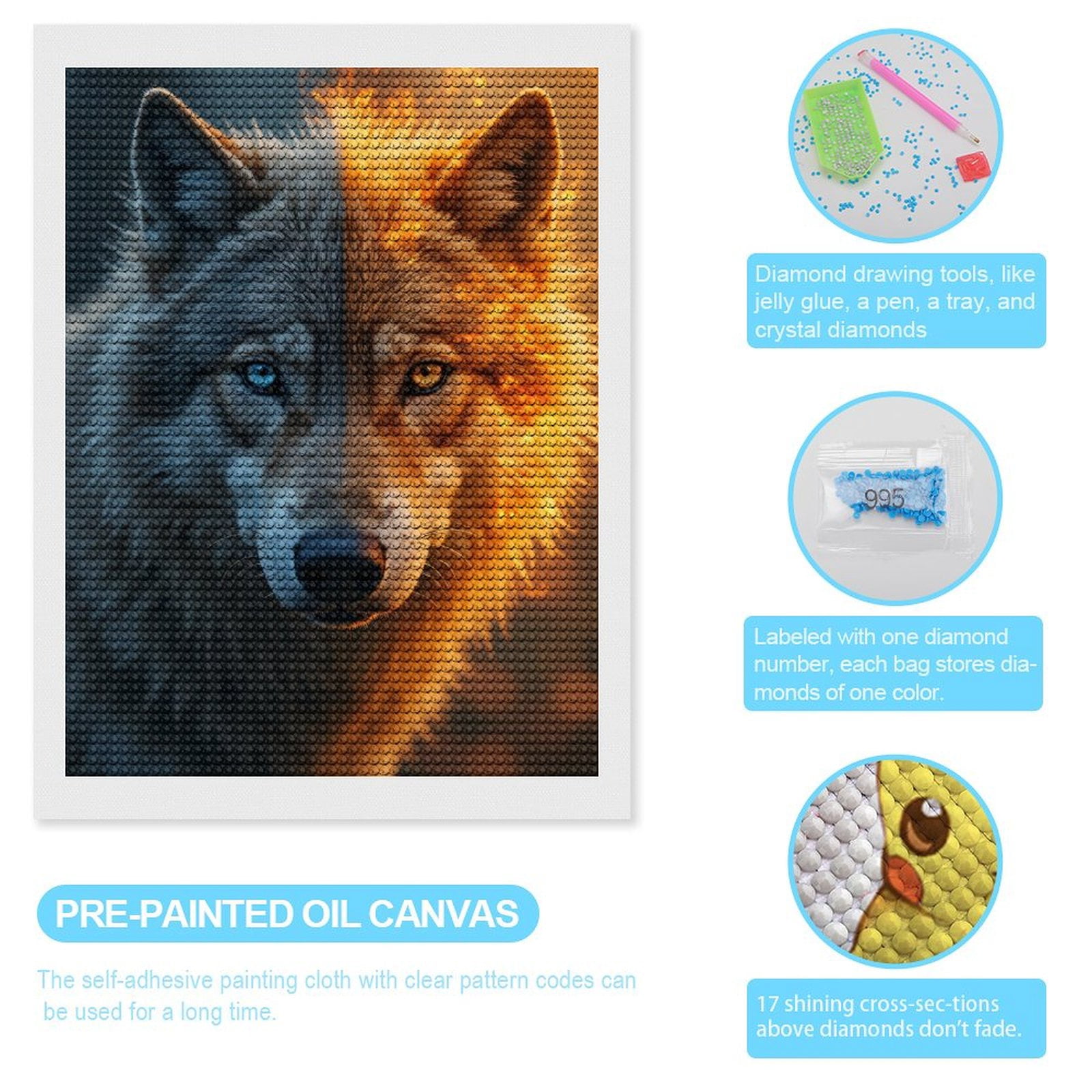 Diamond Art Kits for Adults, Wolf Dual Elements Blue Fire 5D Diamond Painting Kits for Adults Beginners, DIY Full Drill Diamond Painting, Gem Art and Crafts 12x16