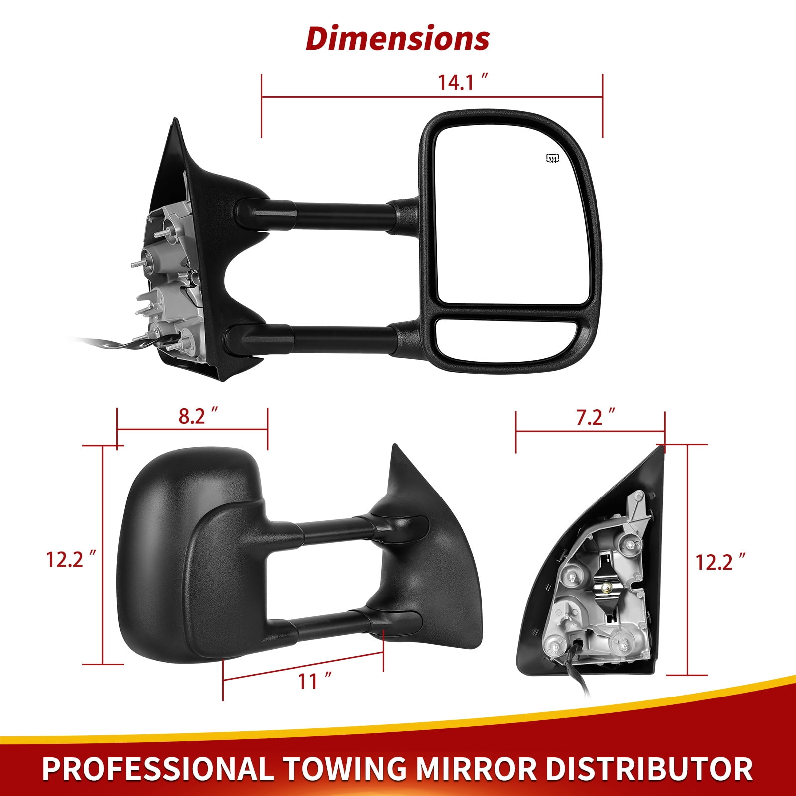 LEDKINGDOMUS Pair Black Power Heated Towing Mirrors for 1999-2007 Ford F250/F350/F450/F550 Super Duty & 2001-2005 Excursion, Manual Folding Telescoping with Convex Lens