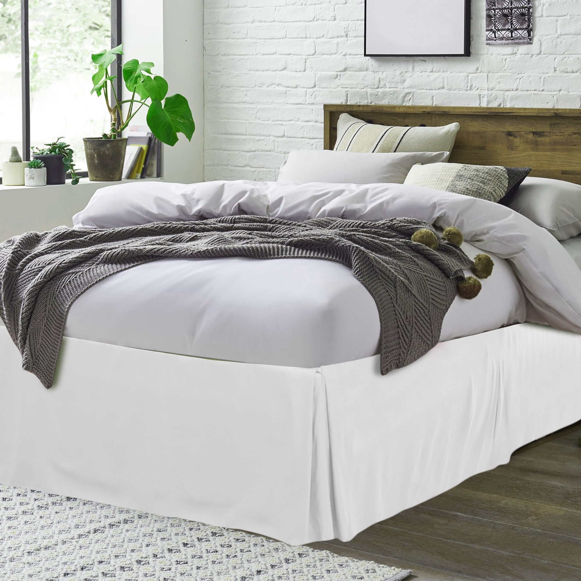 Unique Bargains Solid Pleated Ruffle Bed Skirt 14" Drop Queen White