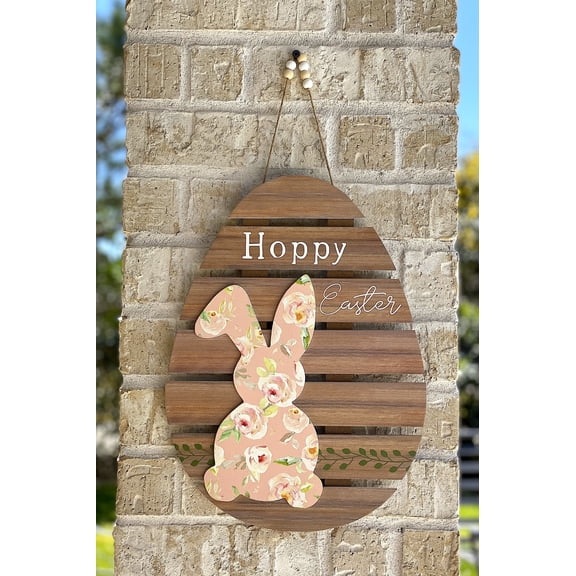 Hoppy Easter Spring Decor Wreath Sign Colorful Pastel Colors Indoor Outdoor Door Wall Room Home Office Accent 16" x 12"