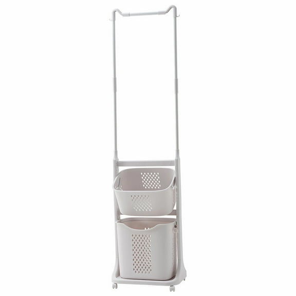 2-Tier Laundry Hamper Sorter with Hanging Bar, Rolling Laundry Baskets with Wheels Removable, Stackable Laundry Cart Organizer and Storage for Small Space, Dorm, Closet, Bathroom