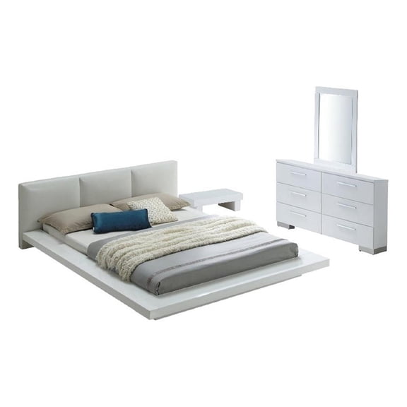 Benjara Rishi 4 Pc California King Bedroom Set- Low Profile- Leatherette- White