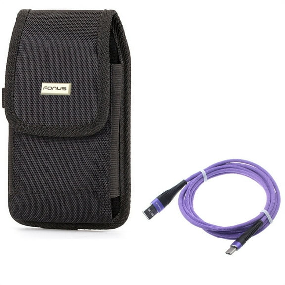 Rugged Canvas Case Vertical Holster Belt Clip w Purple Durable Braided 10ft Long Type-C USB Cable Wire Sync R7R for Motorola Moto Z2 Play Z Play Droid Force Droid G7 Power G6 - Nokia 3.1 Plus