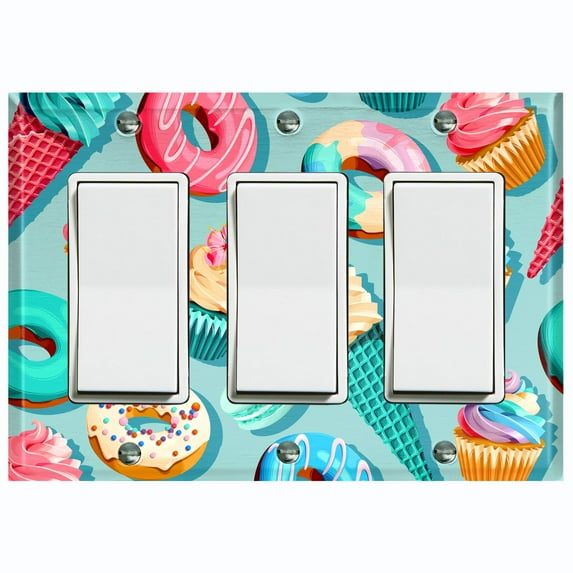 Metal Light Switch Plate Cover Colorful Doughnut Cupcake Ice Cream Collage Teal CAK042