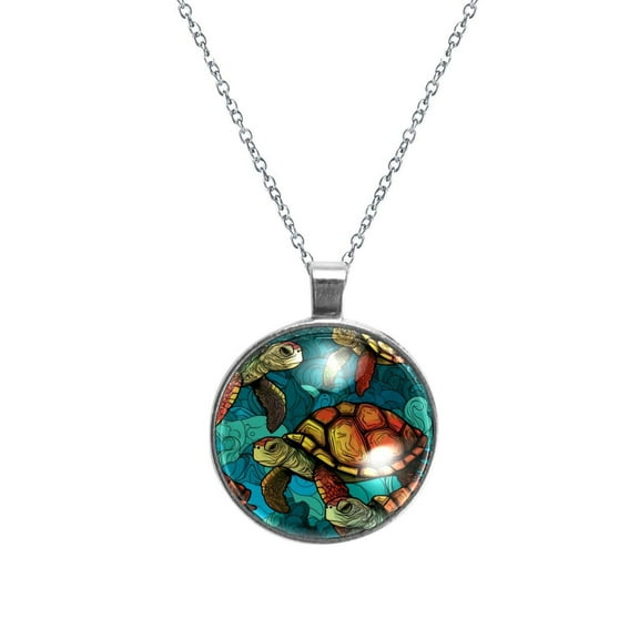 Turtle Women's Circular Glass Pendant Necklace - Elegant Jewelry for Women