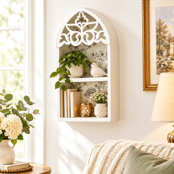 Artistic Wood Wall Shelf French Quatrefoils Precise Carved Decorative Display Shelf for Home Wall Art and Storage White